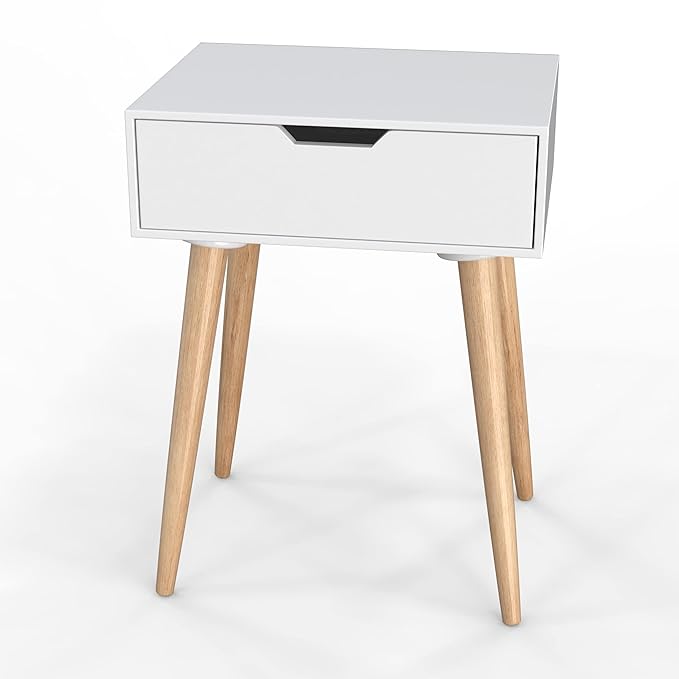 Drawer Nightstands End Side Table with Drawer and Solid Wood Legs, Bedside Table for Bedrooms, Mid-Century Modern Drawer Storage Cabinet for Living Room Furniture (White)