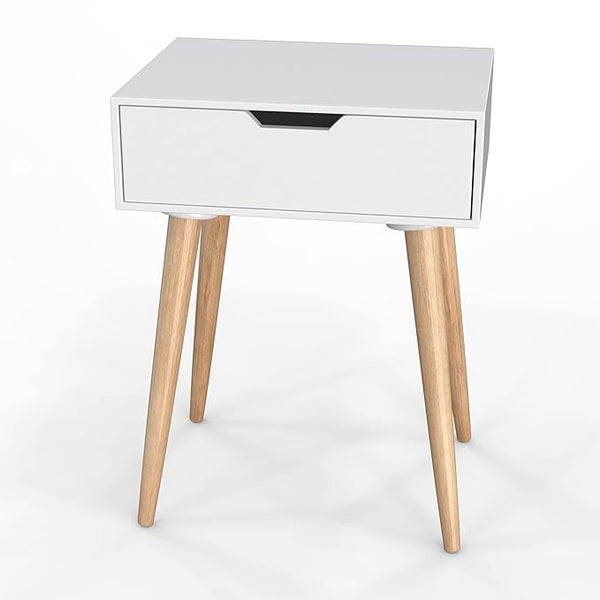 Drawer Nightstands End Side Table with Drawer and Solid Wood Legs, Bedside Table for Bedrooms, Mid-Century Modern Drawer Storage Cabinet for Living Room Furniture (White)