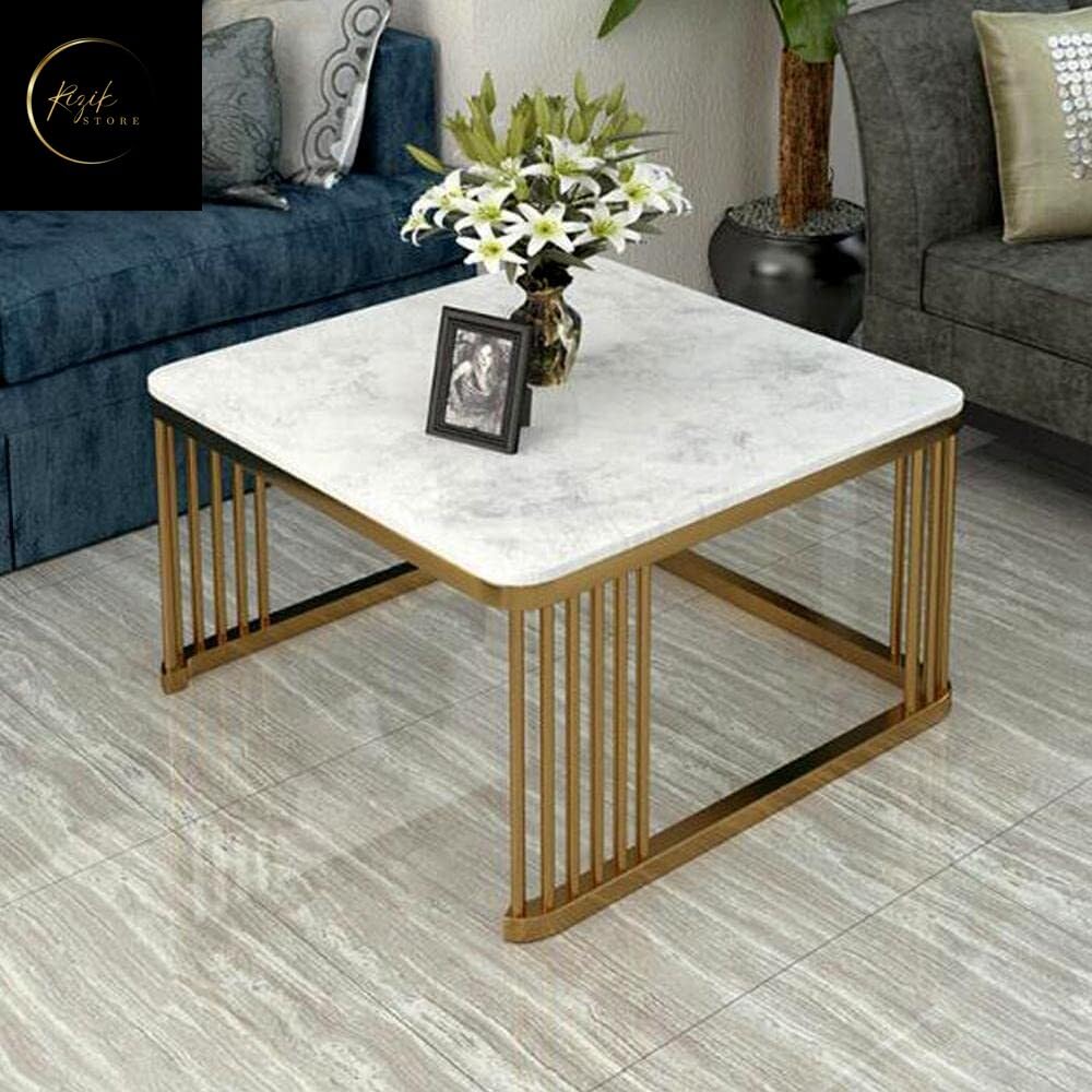 Nesting - Iron Frame Handmade Square 20"x20" Coffee Table/Nesting Table/Side Table/Center Table with Marble MDF White Top for Living Room/Drawing Room/Balcony Gold (White) (Set of 2)