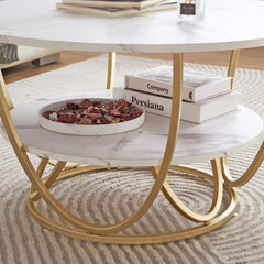 Gyro - Round Coffee Table Modern Sofa Side Table for Living Room End Table Telephone Table with 2 Shelf Storage Wooden Tabletop Teapoy -Marble White Print with Gold Frame.