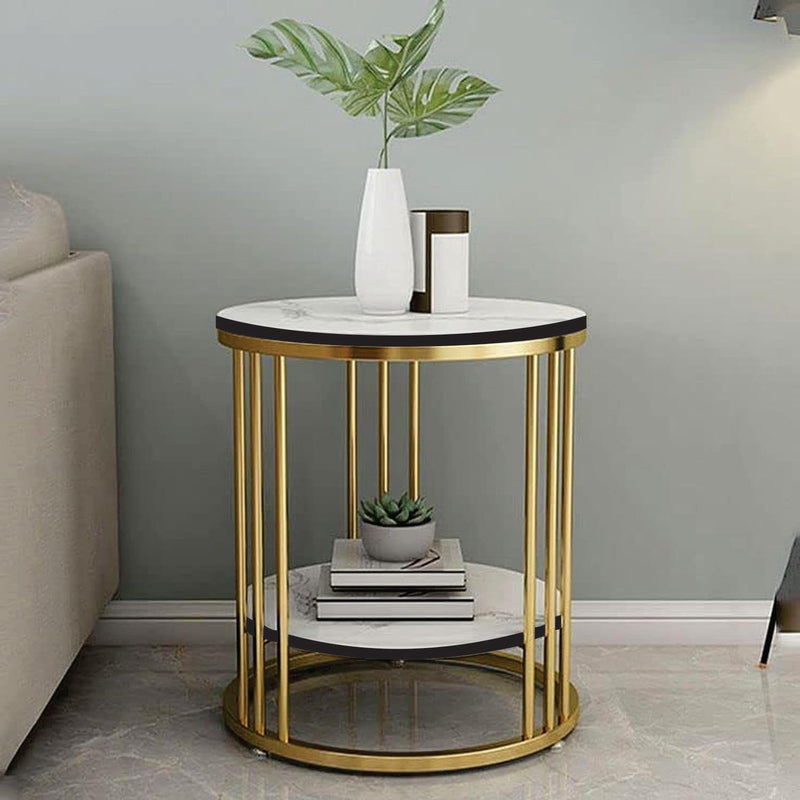 Cylindrical - Metal Double Top Side Table, End Table for Living Room Coffee Snack Table for for Living Room Bedroom | Night Stand Table for Bedroom Furniture (Golden & White)