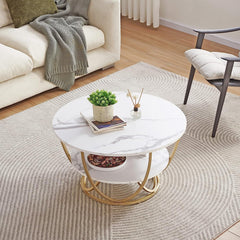 Gyro - Round Coffee Table Modern Sofa Side Table for Living Room End Table Telephone Table with 2 Shelf Storage Wooden Tabletop Teapoy -Marble White Print with Gold Frame.