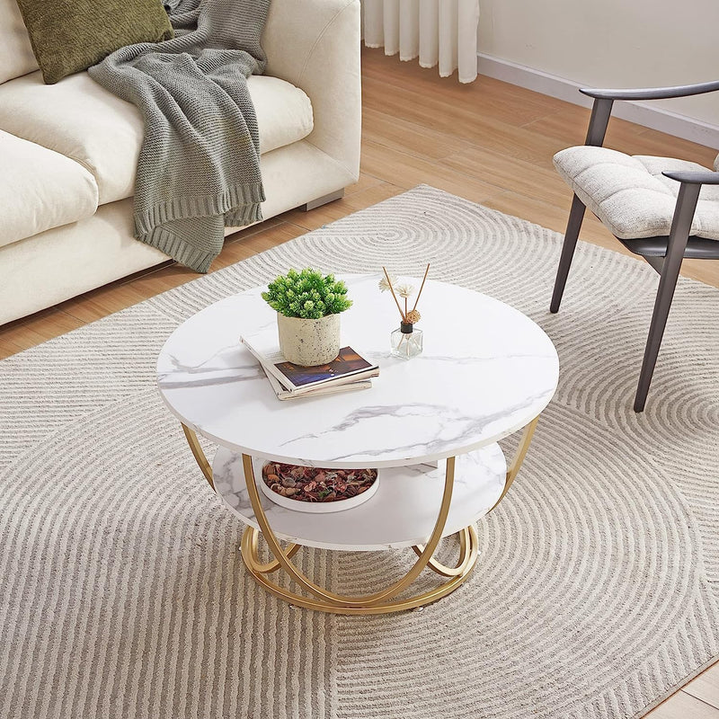 Gyro - Round Coffee Table Modern Sofa Side Table for Living Room End Table Telephone Table with 2 Shelf Storage Wooden Tabletop Teapoy -Marble White Print with Gold Frame.