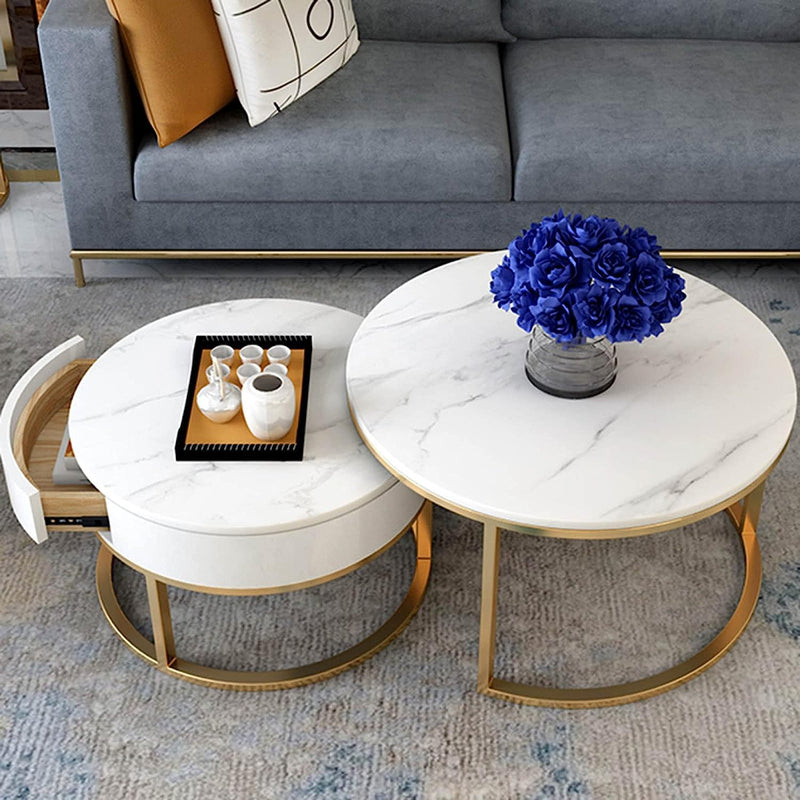 Chile - Modern Round Coffee Table Marbled Laminated Stacking Tea Table Set of 2 Center Table with 1 Drawer Storage for Living Room Bedroom (Gold and White)