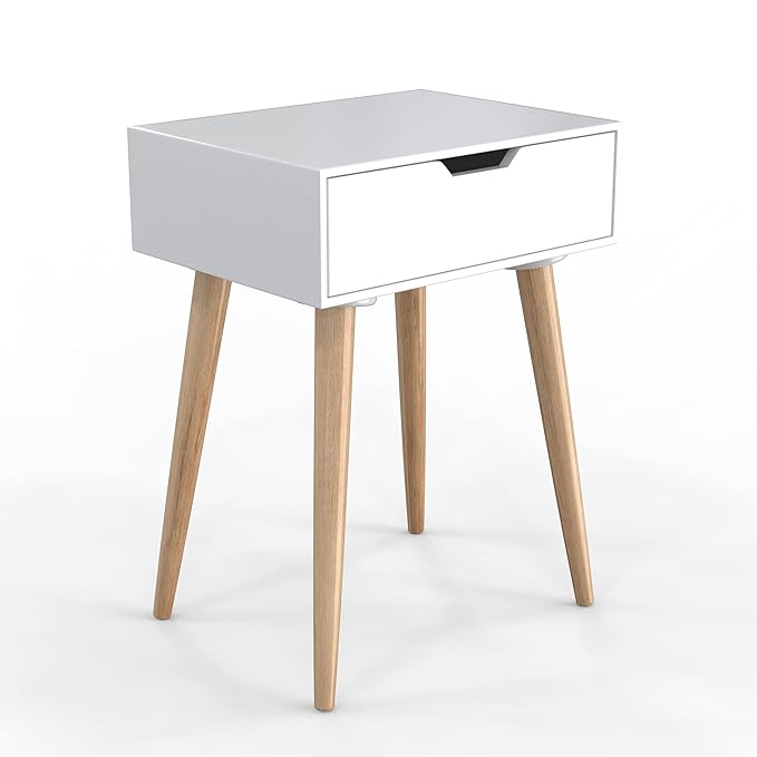 Drawer Nightstands End Side Table with Drawer and Solid Wood Legs, Bedside Table for Bedrooms, Mid-Century Modern Drawer Storage Cabinet for Living Room Furniture (White)