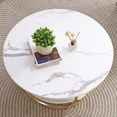 Gyro - Round Coffee Table Modern Sofa Side Table for Living Room End Table Telephone Table with 2 Shelf Storage Wooden Tabletop Teapoy -Marble White Print with Gold Frame.