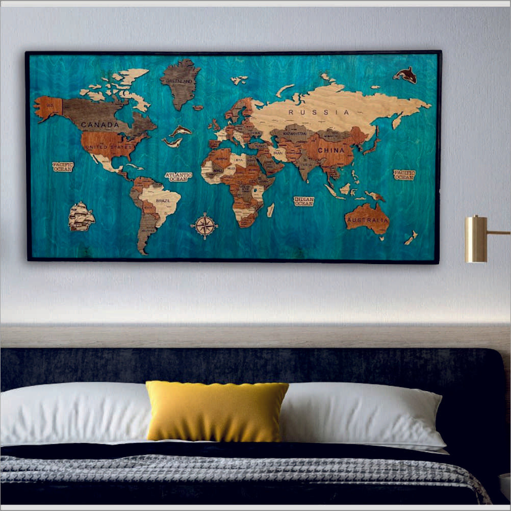 Framed 3D World Map - Wooden Wall Art