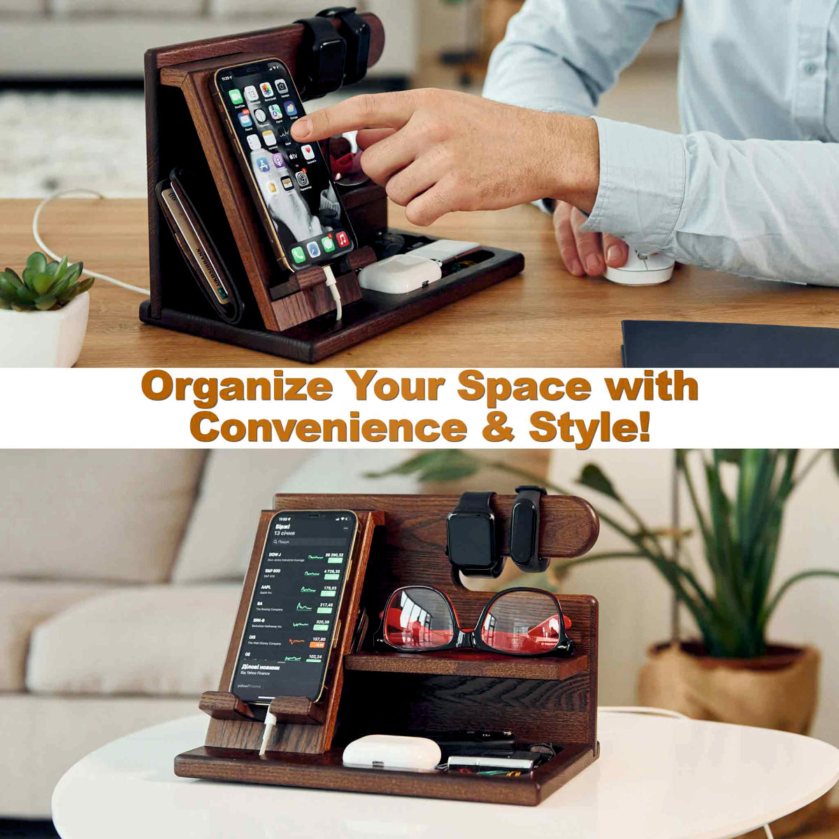 Multifunctional Wooden Desk Organizer with Docking Stand