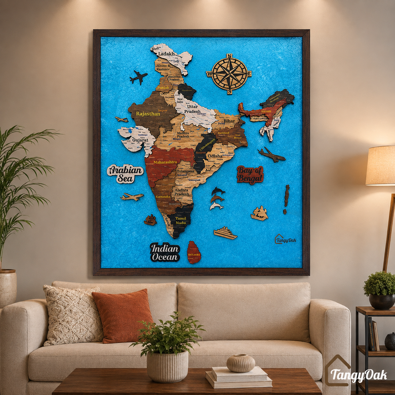 Framed 3D India Map™ – Premium Layered Wooden Map Wall Décor