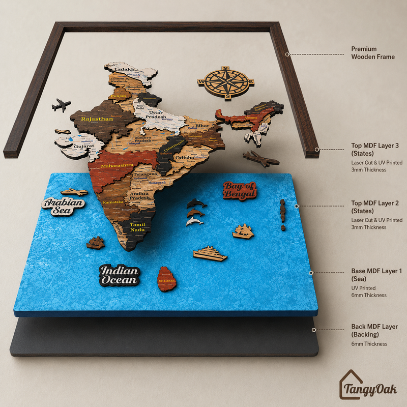 Framed 3D India Map™ – Premium Layered Wooden Map Wall Décor