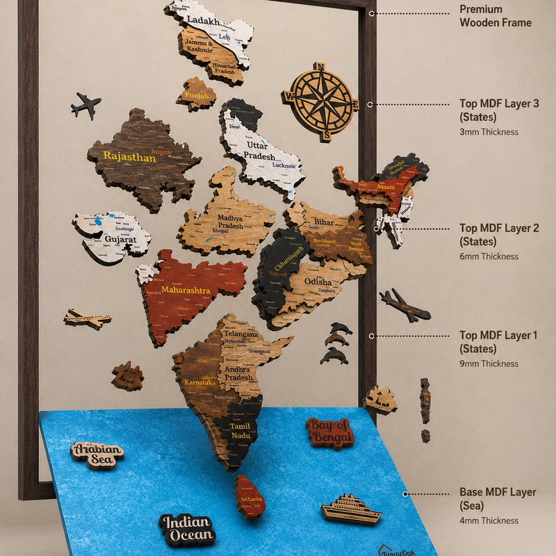 Framed 3D India Map™ – Premium Layered Wooden Map Wall Décor