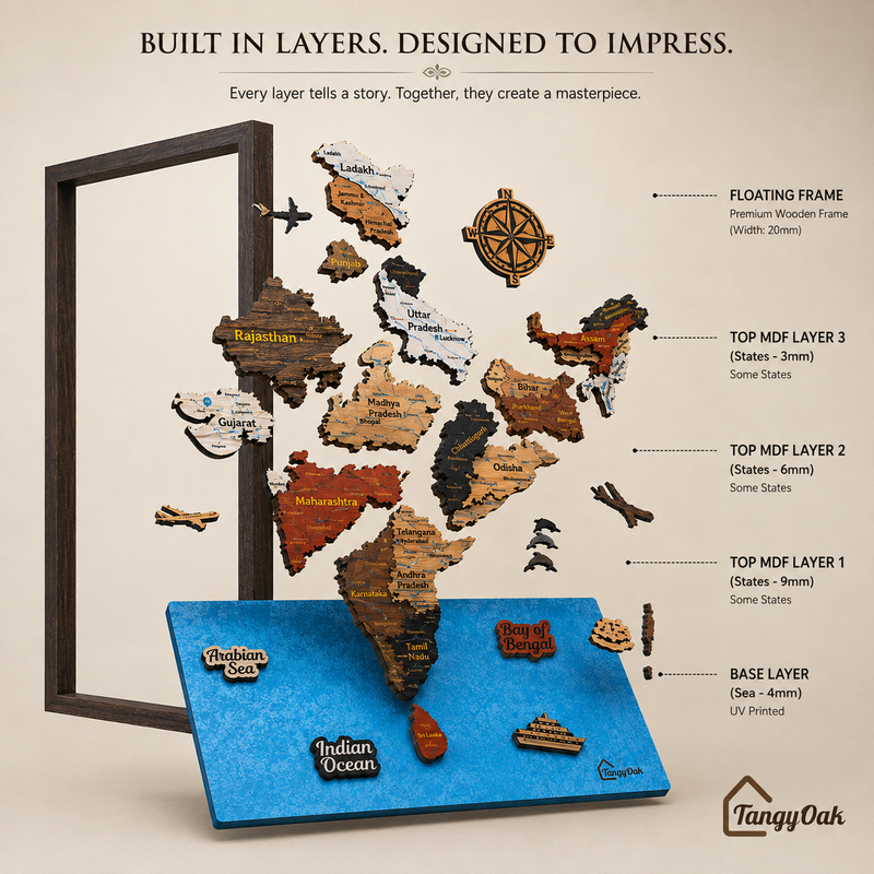 Framed 3D India Map™ – Premium Layered Wooden Map Wall Décor