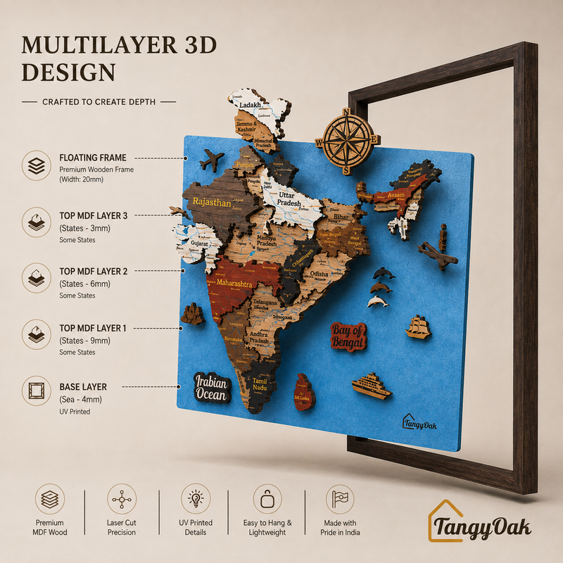 Framed 3D India Map™ – Premium Layered Wooden Map Wall Décor