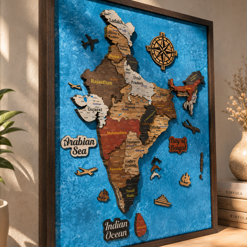 Framed 3D India Map™ – Premium Layered Wooden Map Wall Décor