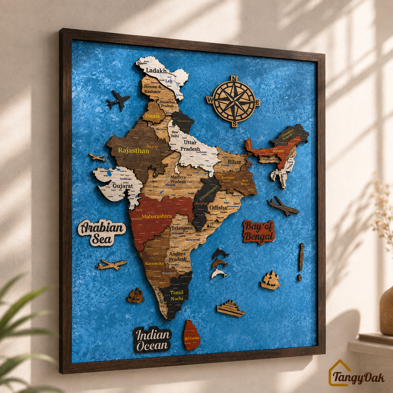 Framed 3D India Map™ – Premium Layered Wooden Map Wall Décor