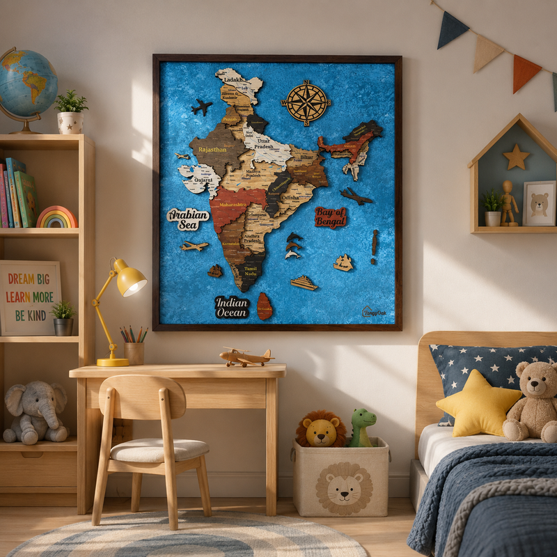 Framed 3D India Map™ – Premium Layered Wooden Map Wall Décor