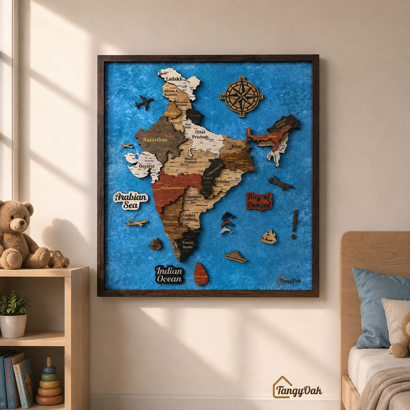Framed 3D India Map™ – Premium Layered Wooden Map Wall Décor