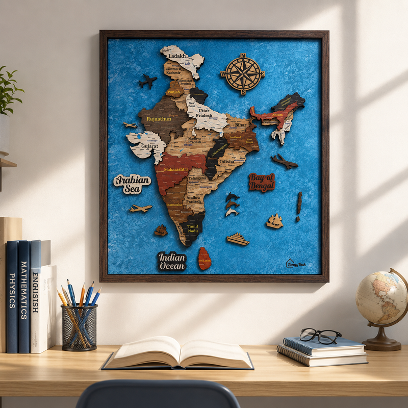 Framed 3D India Map™ – Premium Layered Wooden Map Wall Décor