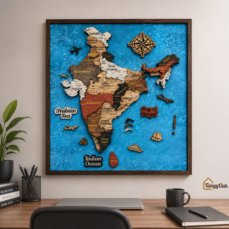 Framed 3D India Map™ – Premium Layered Wooden Map Wall Décor