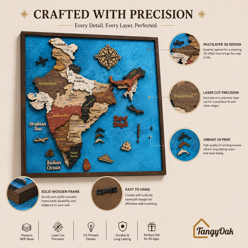 Framed 3D India Map™ – Premium Layered Wooden Map Wall Décor