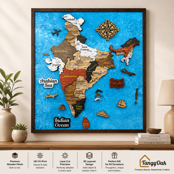 Framed 3D India Map™ – Premium Layered Wooden Map Wall Décor