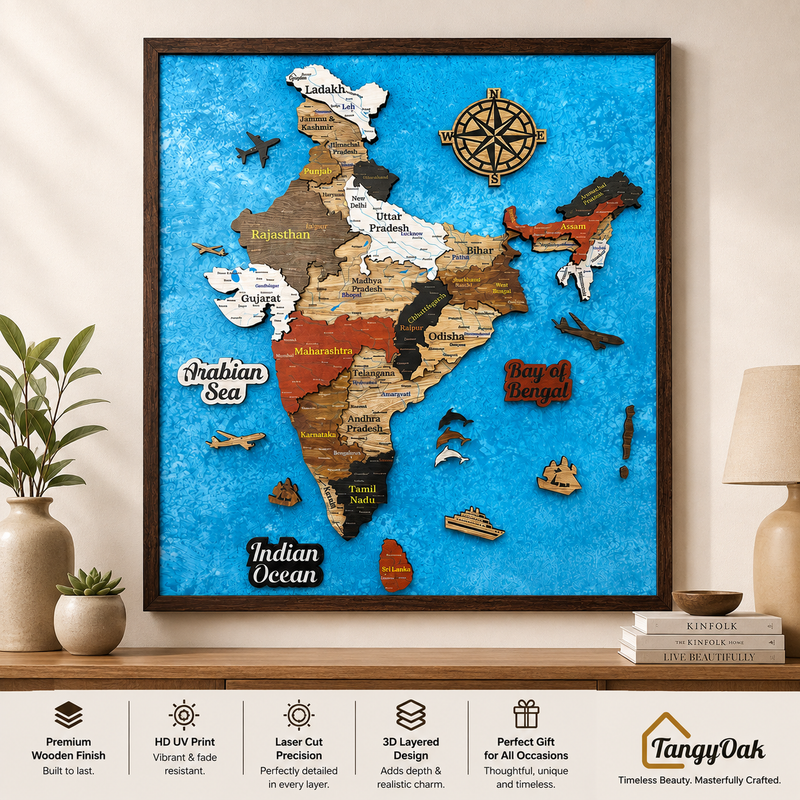 Framed 3D India Map™ – Premium Layered Wooden Map Wall Décor