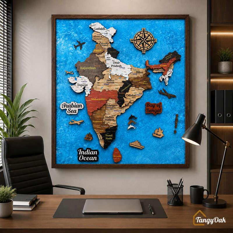 Framed 3D India Map™ – Premium Layered Wooden Map Wall Décor