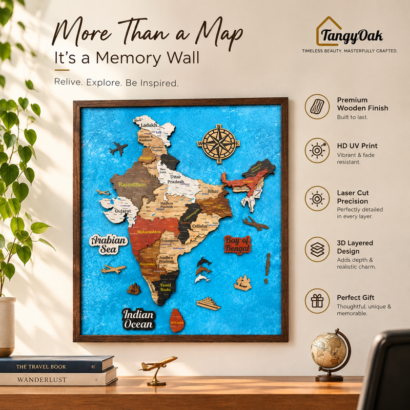 Framed 3D India Map™ – Premium Layered Wooden Map Wall Décor