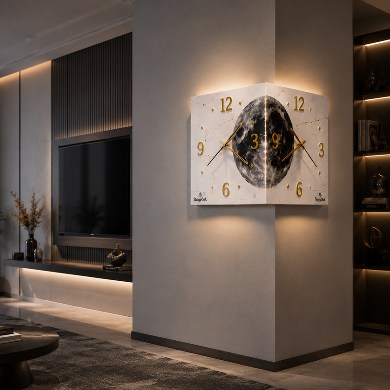Radiant Moon™ Double-Sided Corner Wall Clock – Premium LED Designer Clock