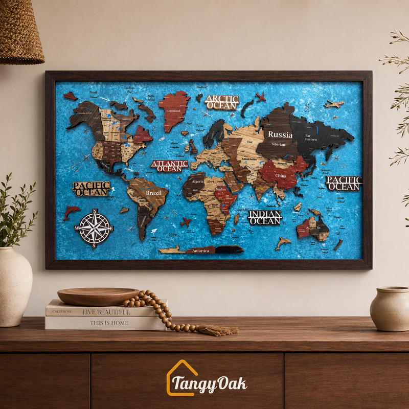 Framed 3D World Map™ – Premium Layered Wooden Map Wall Décor