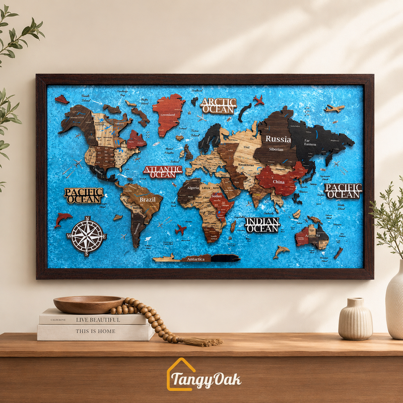 Framed 3D World Map™ – Premium Layered Wooden Map Wall Décor