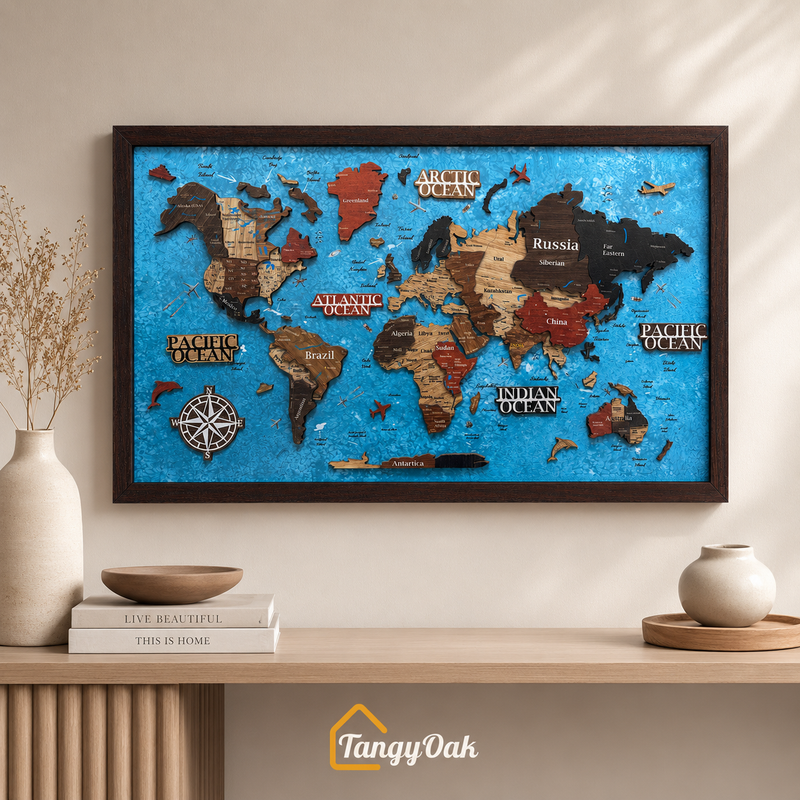 Framed 3D World Map™ – Premium Layered Wooden Map Wall Décor