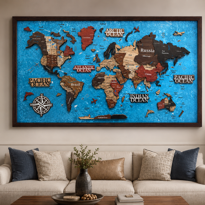 Framed 3D World Map™ – Premium Layered Wooden Map Wall Décor