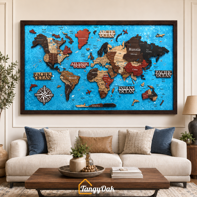 Framed 3D World Map™ – Premium Layered Wooden Map Wall Décor