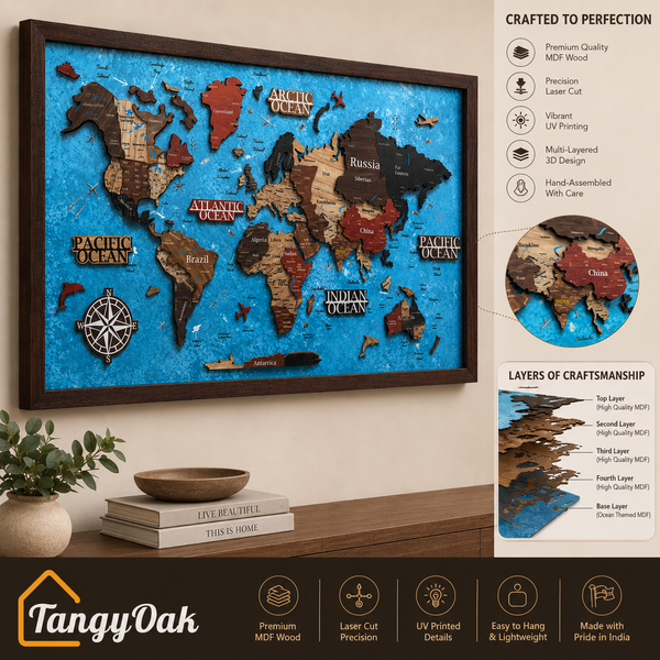 Framed 3D World Map™ – Premium Layered Wooden Map Wall Décor