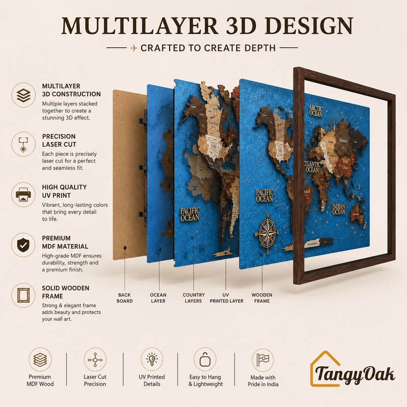Framed 3D World Map™ – Premium Layered Wooden Map Wall Décor