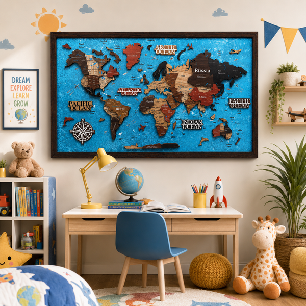 Framed 3D World Map™ – Premium Layered Wooden Map Wall Décor