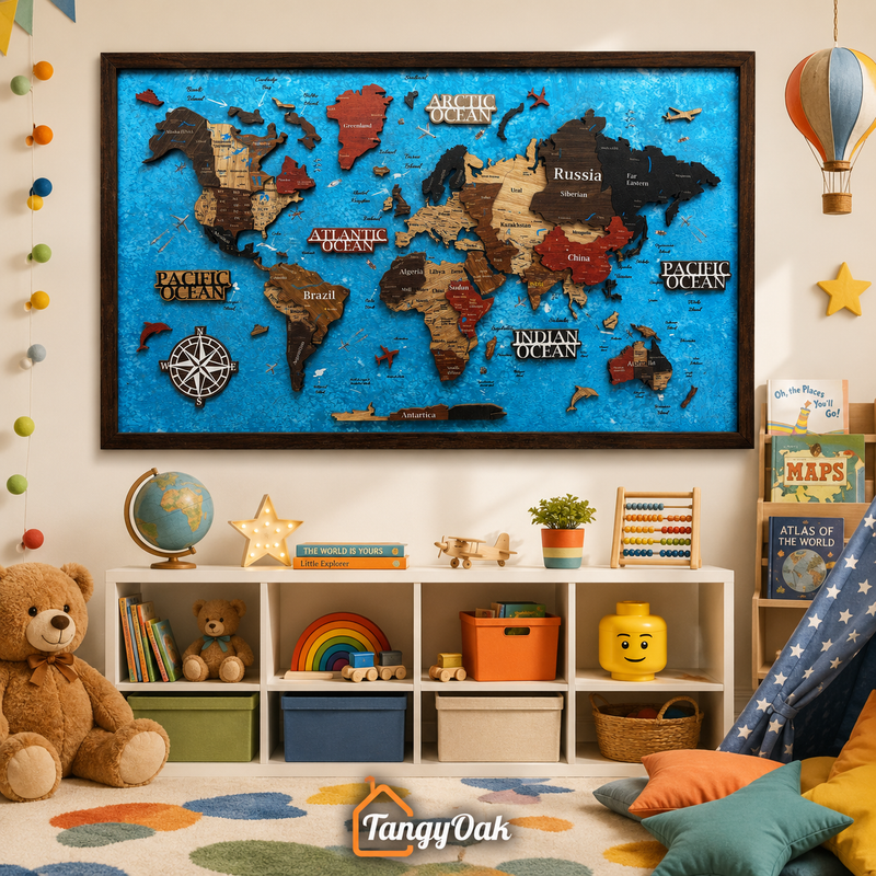 Framed 3D World Map™ – Premium Layered Wooden Map Wall Décor
