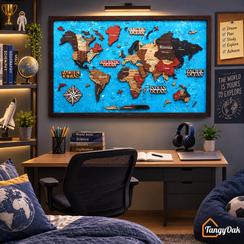 Framed 3D World Map™ – Premium Layered Wooden Map Wall Décor