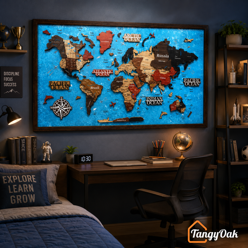 Framed 3D World Map™ – Premium Layered Wooden Map Wall Décor
