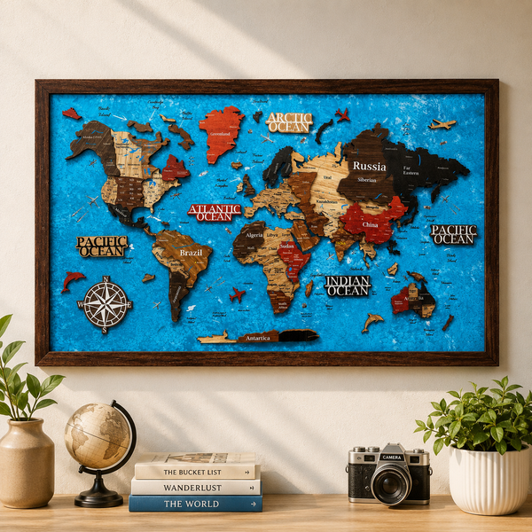 Framed 3D World Map™ – Premium Layered Wooden Map Wall Décor