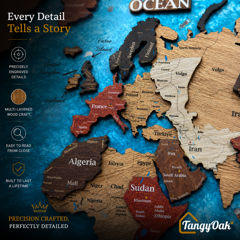 Framed 3D World Map™ – Premium Layered Wooden Map Wall Décor