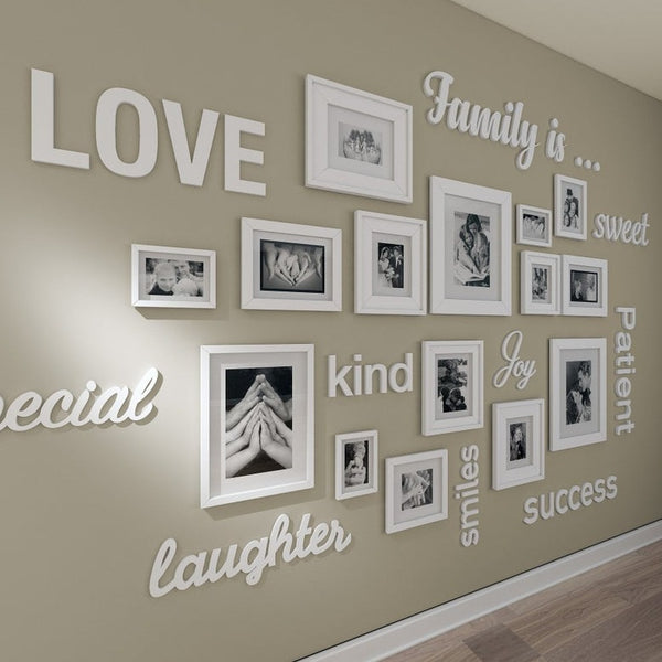 Family Love - Wall Decor Photo Frames ( 15 Photo Frames + 6mm Wooden Acrylic Letters)