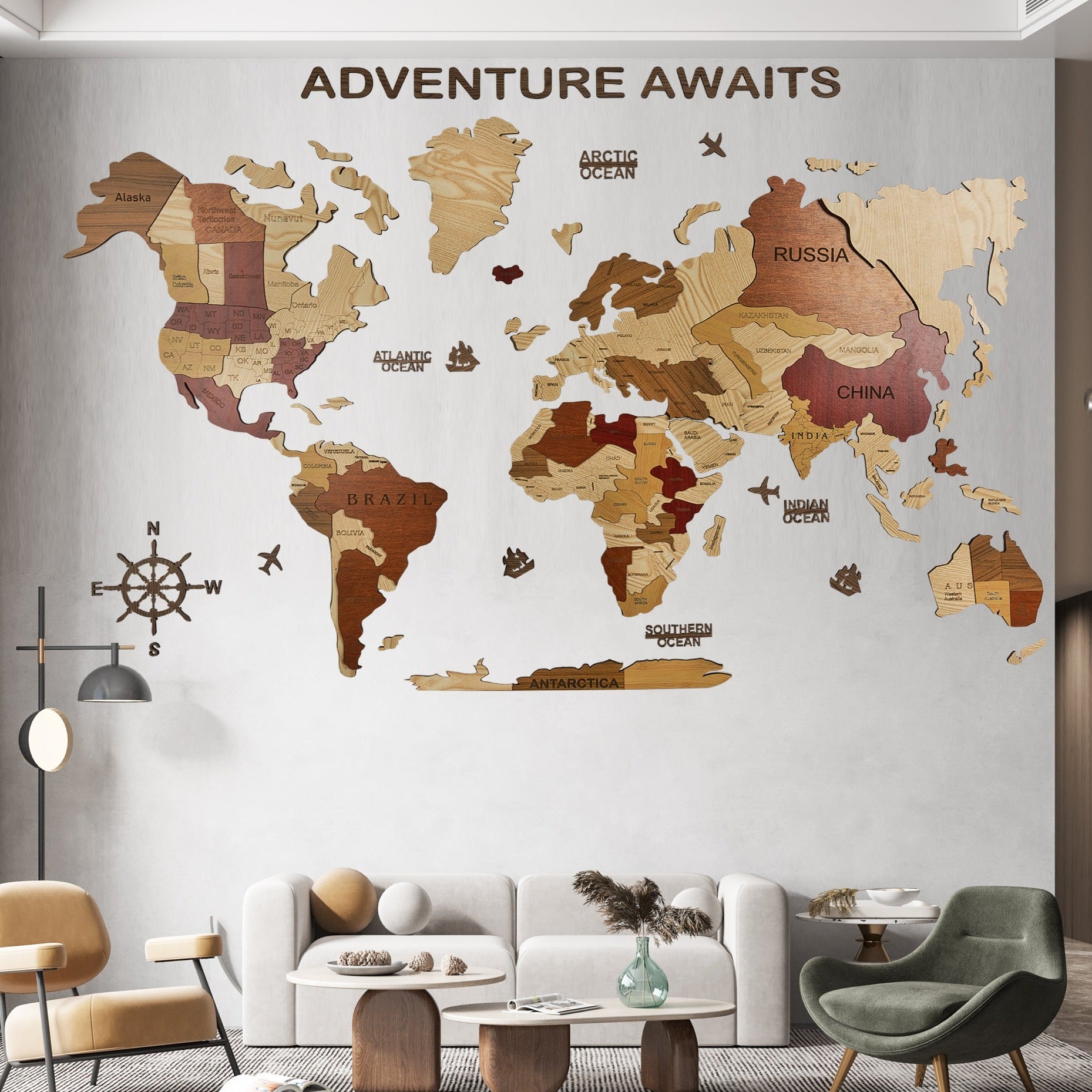 3D World Map - Wooden Wall Art